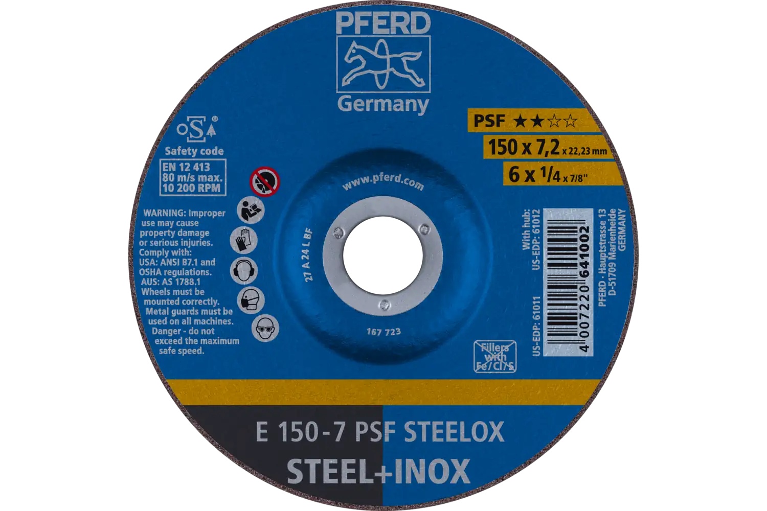 Picture of Pferd Grinding Wheel, 6" X 1/4 X 7/8, Psf Steelox, T27, Aluminum Oxide